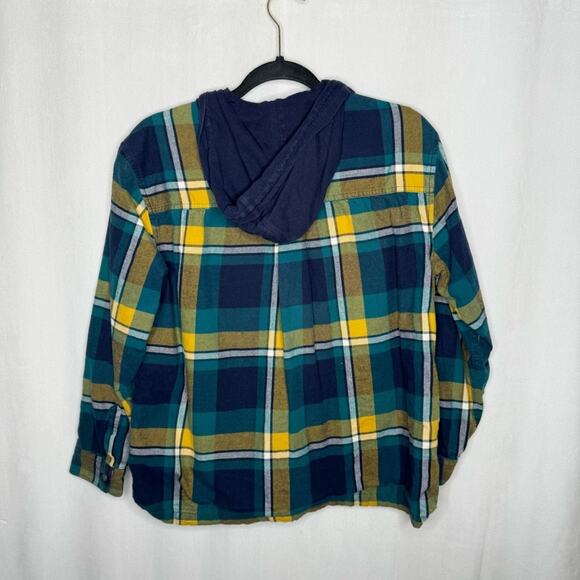 EDDIE BAUER / blue green yellow plaid hooded flannel shacket jacket hoodie / M - Picture 2 of 9